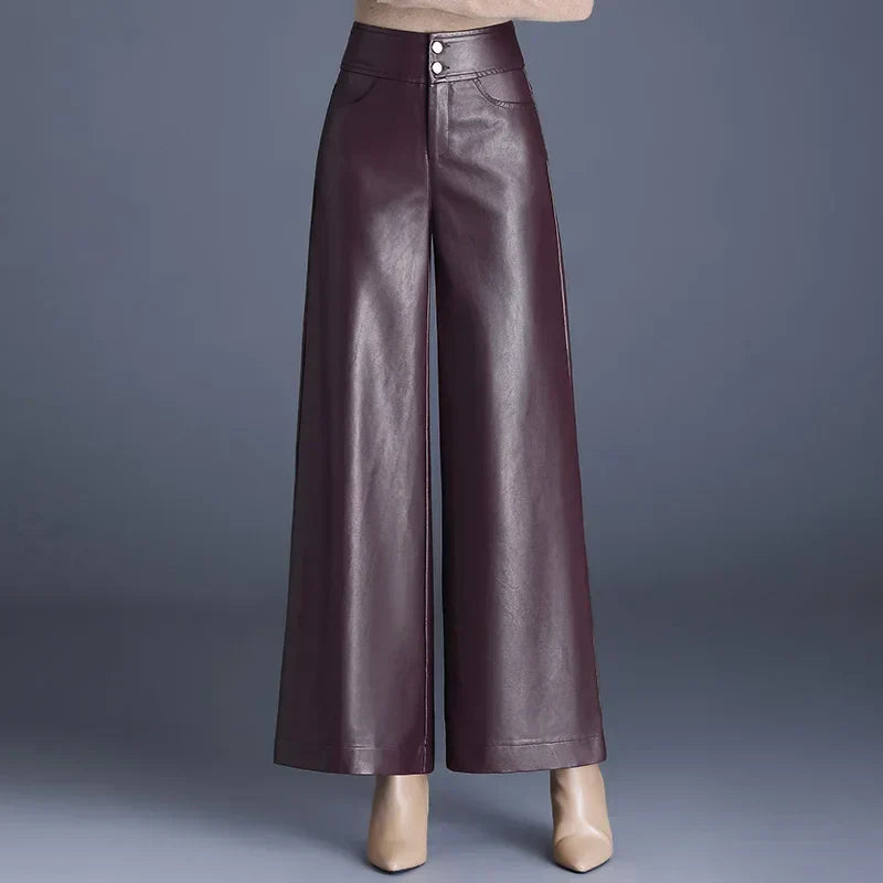 Gemmy | Wide Leg Damesbroek Imitatieleer Hoog Taille
