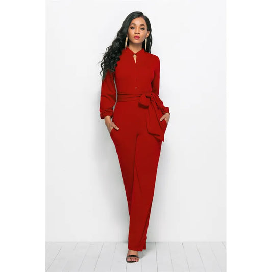 MAISY – Wide Leg Belted V-Neck Jumpsuit voor dames