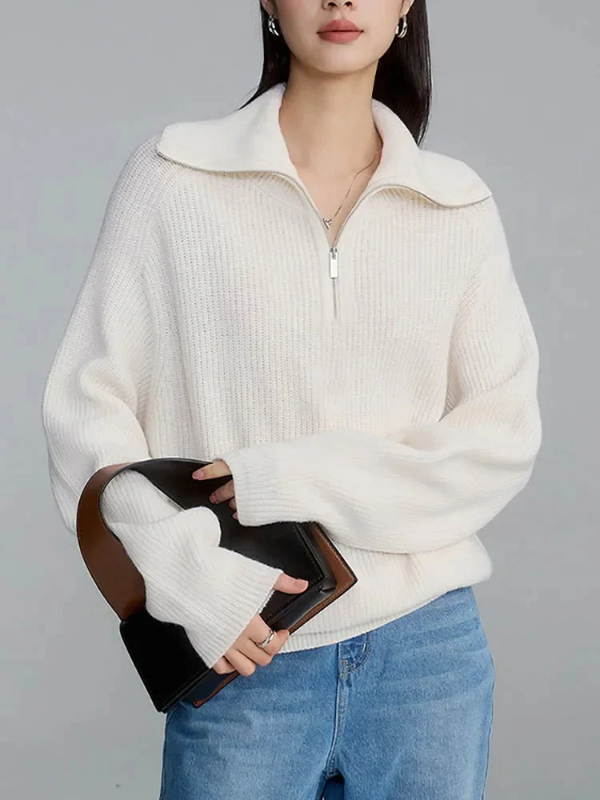 GIRL | Luxe Wollen Pullover met Hoge Ritskraag - Relaxte Pasvorm