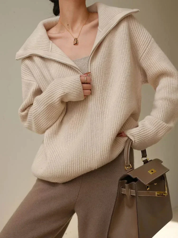 GIRL | Luxe Wollen Pullover met Hoge Ritskraag - Relaxte Pasvorm