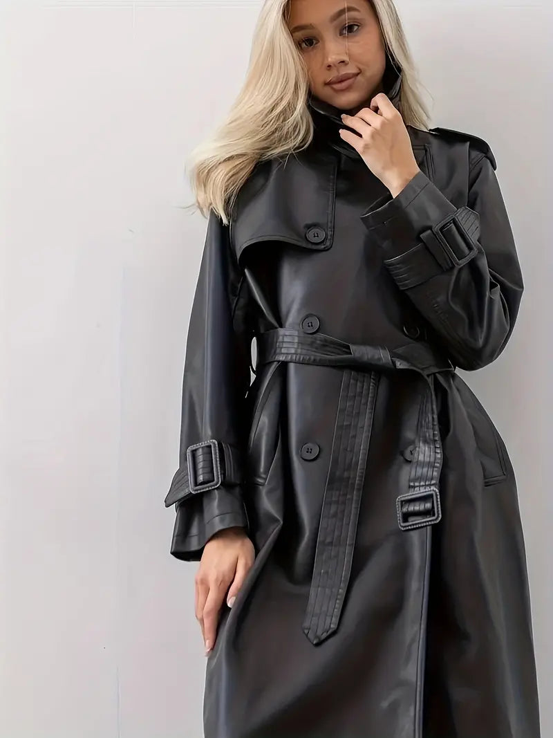 FELIN | Lange Stijlvolle Leren Dames Trenchcoat voor de Herfst