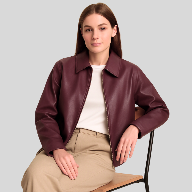 Poenix | Dames leren jas – relaxed fit jasje met ritssluiting & moderne kraag