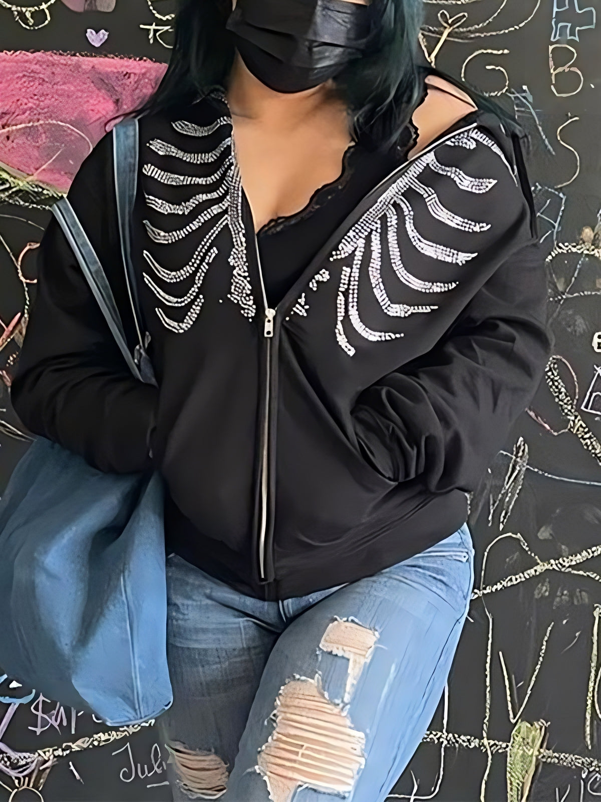 Liane | Zwarte Katoenmix Hoodie met Strass Schedel | Julie Mae