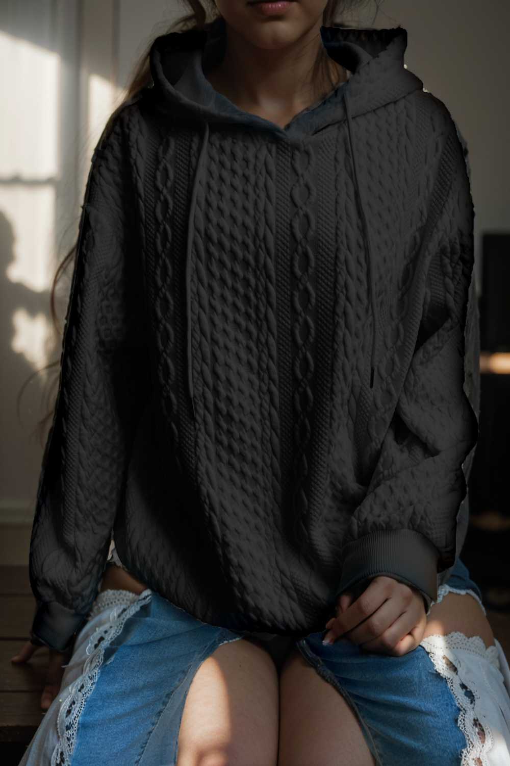 plus size casual hoodie women s plus solid ribbed long sleeve slight stretch hoodie drawstring sweatshirt 127128