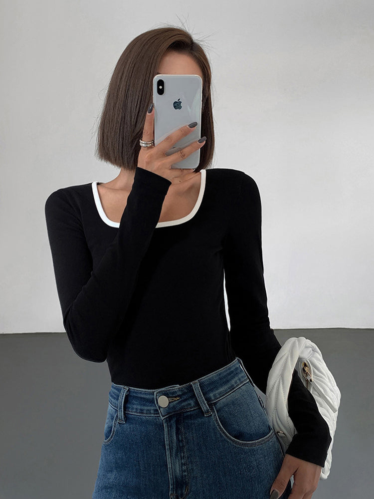 Vera | Stretch Jersey Top met Lange Mouwen Contrast Halslijn