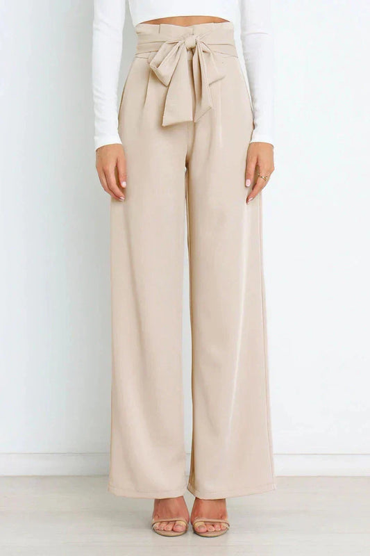 Leah | High-waisted broek met strikceintuur en wijde pijpen