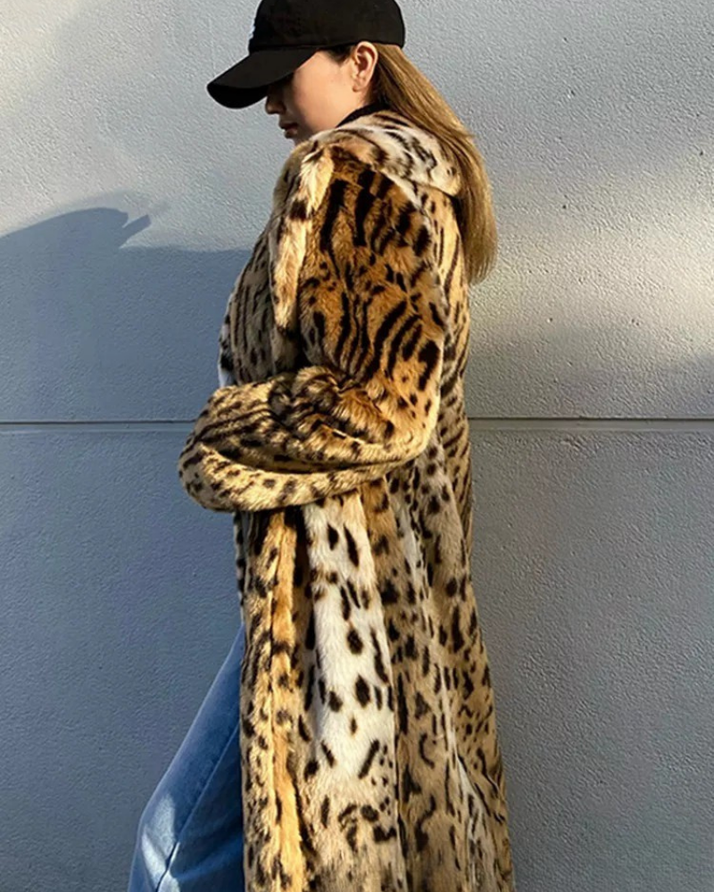 Alisa | Dames lange bontjas – oversized pasvorm met dierenprint & kraag