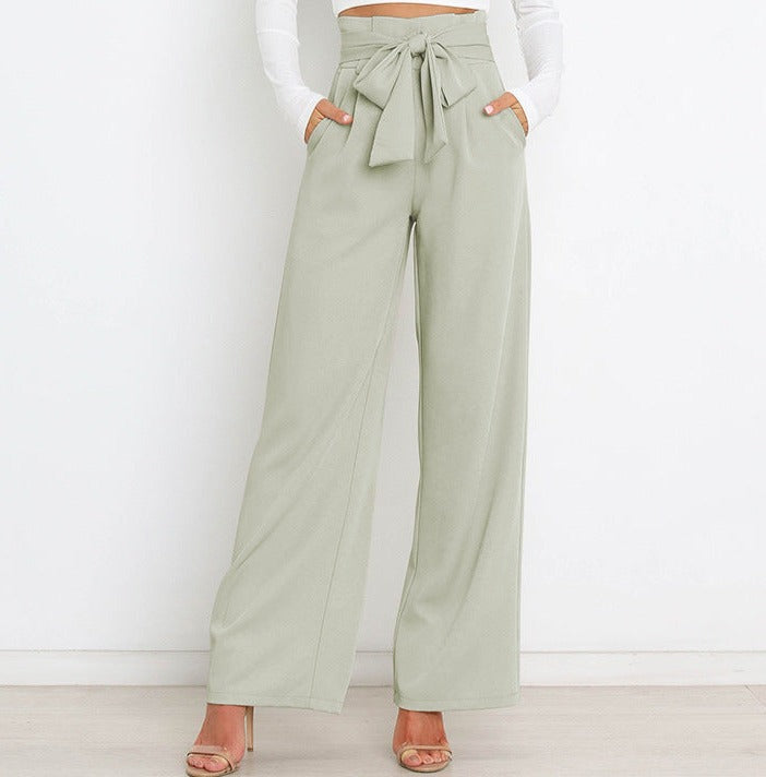 Leah | High-waisted broek met strikceintuur en wijde pijpen