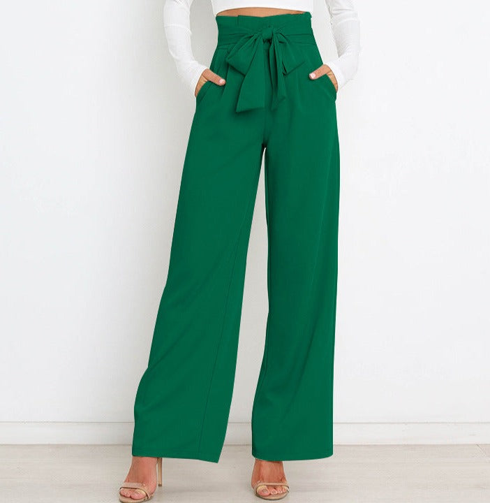 Leah | High-waisted broek met strikceintuur en wijde pijpen