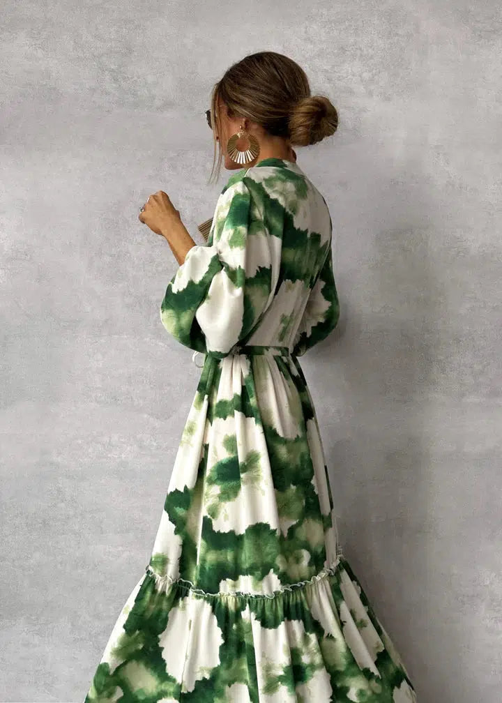 Murcia | Groene Maxi-Jurk – Lange Mouwen en V-Hals voor een Frisse Look