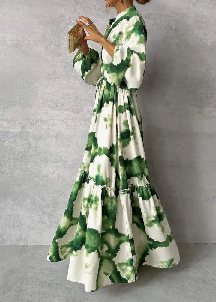 Murcia | Groene Maxi-Jurk – Lange Mouwen en V-Hals voor een Frisse Look