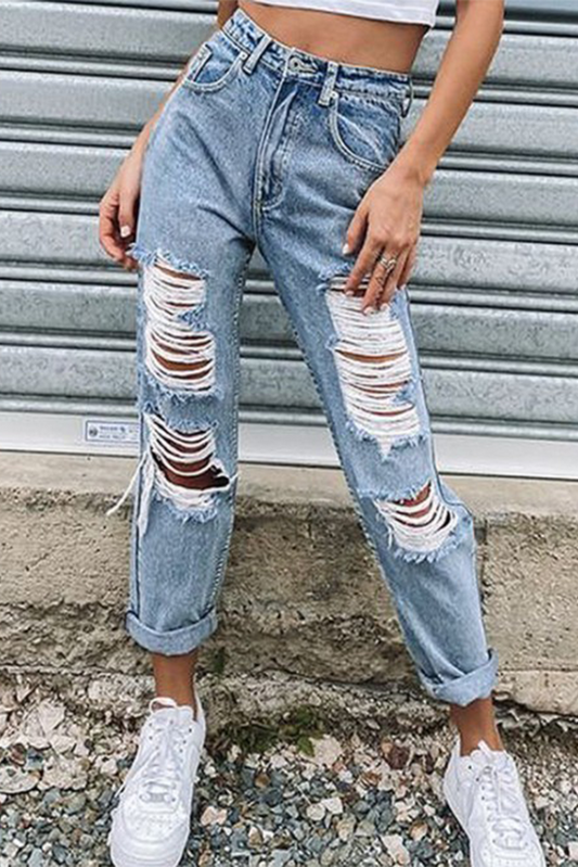 Linda | Dames Jeans met Wijde Pijpen en Distressed Look