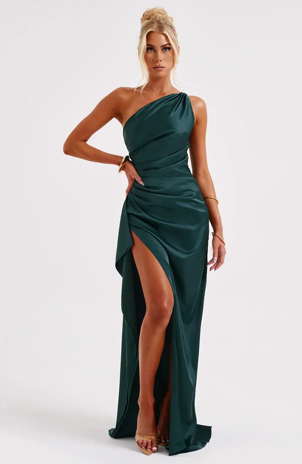 Parker – De Luxe One-Shoulder Satijnen Splitjurk