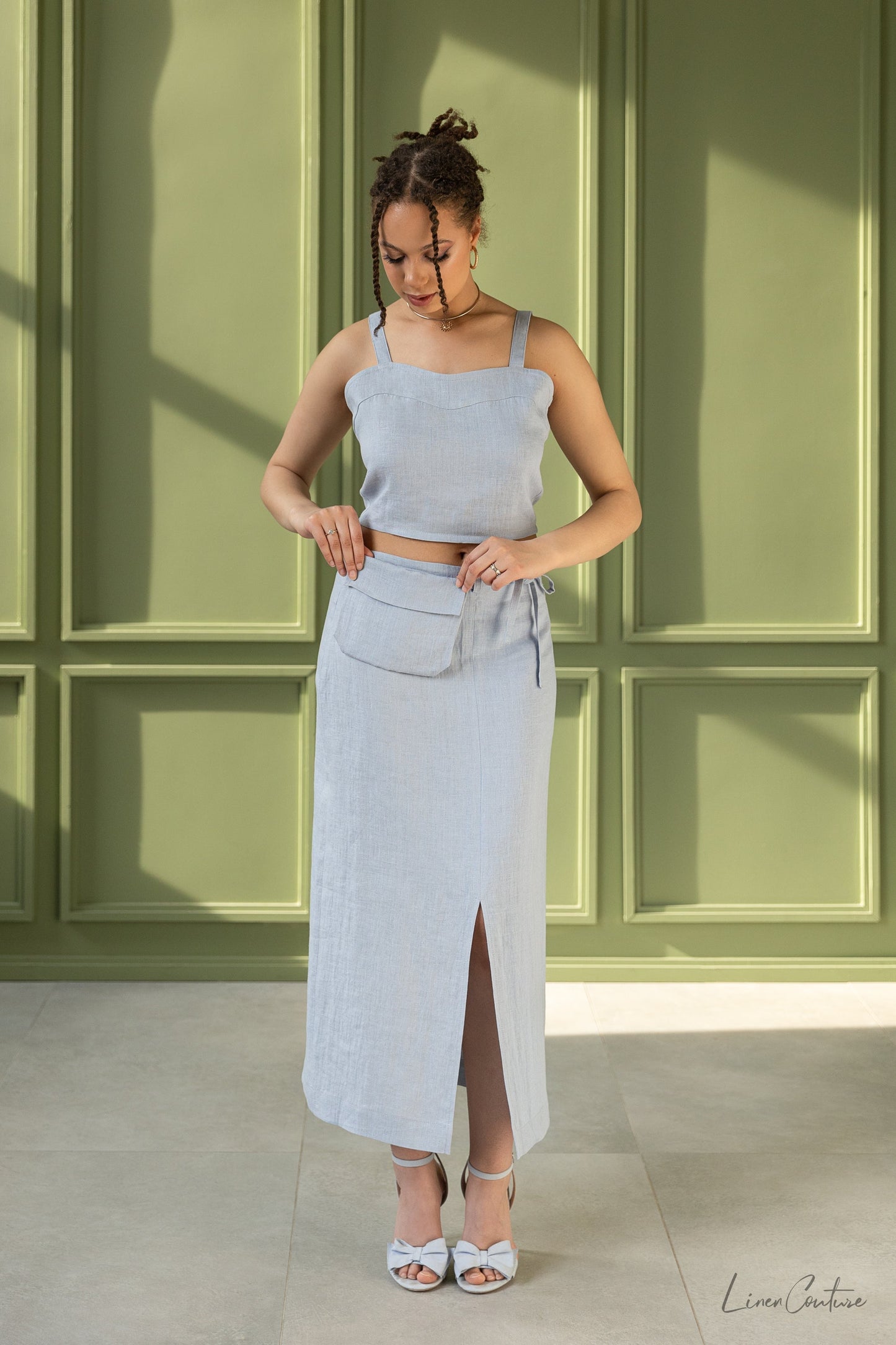 Ziva | Linnen Crop Top & Rok Lichtgrijs