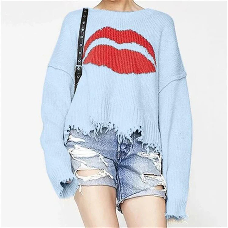 Leanne | Dames Trui β Grof Gebreid β Oversized Pasvorm β Lipdessin β Gerafelde Zoom