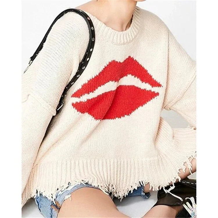 Leanne | Dames Trui β Grof Gebreid β Oversized Pasvorm β Lipdessin β Gerafelde Zoom