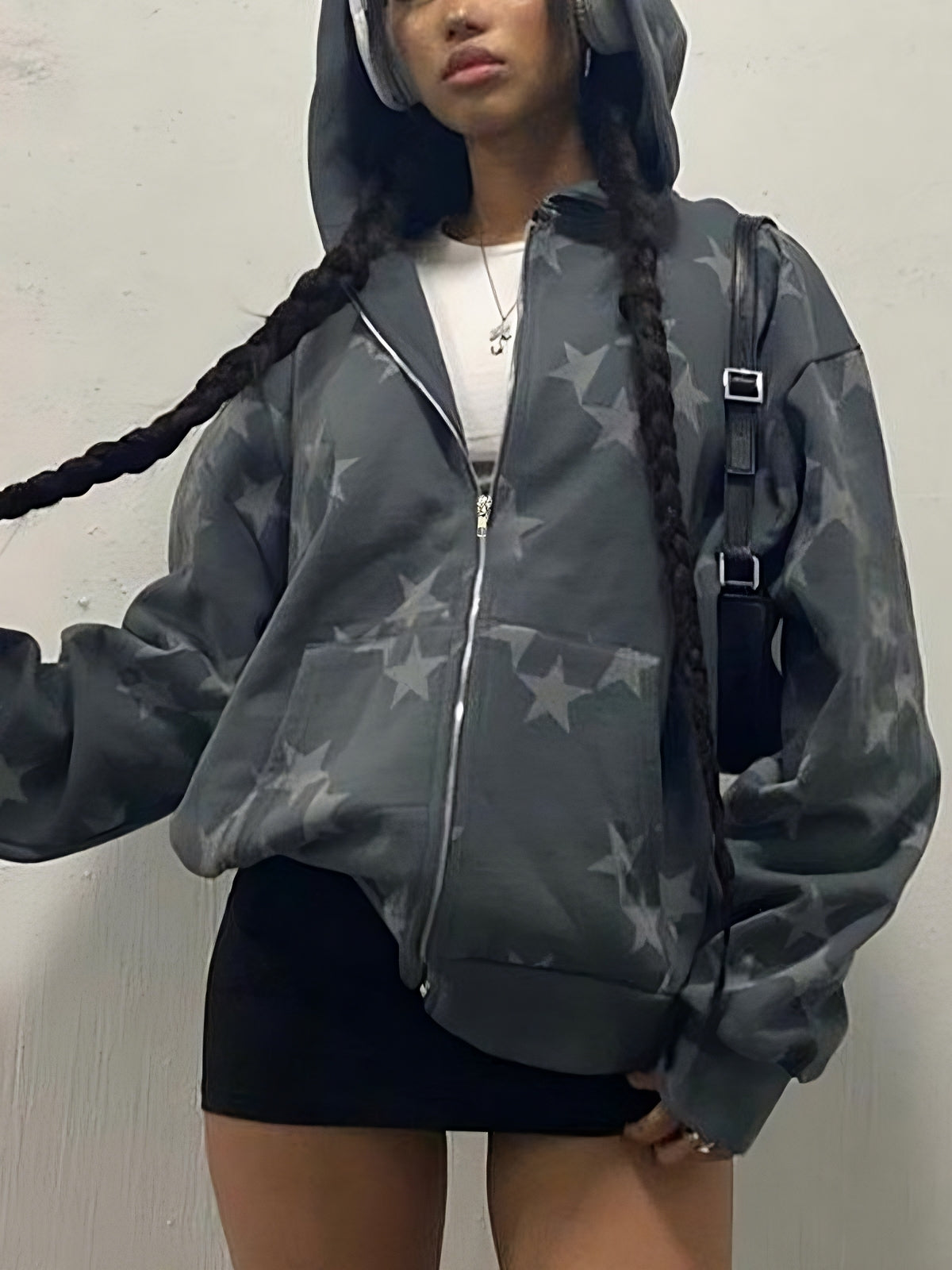 Pita | Oversized Grijze Ster Hoodie met Ritssluiting van Polyester
