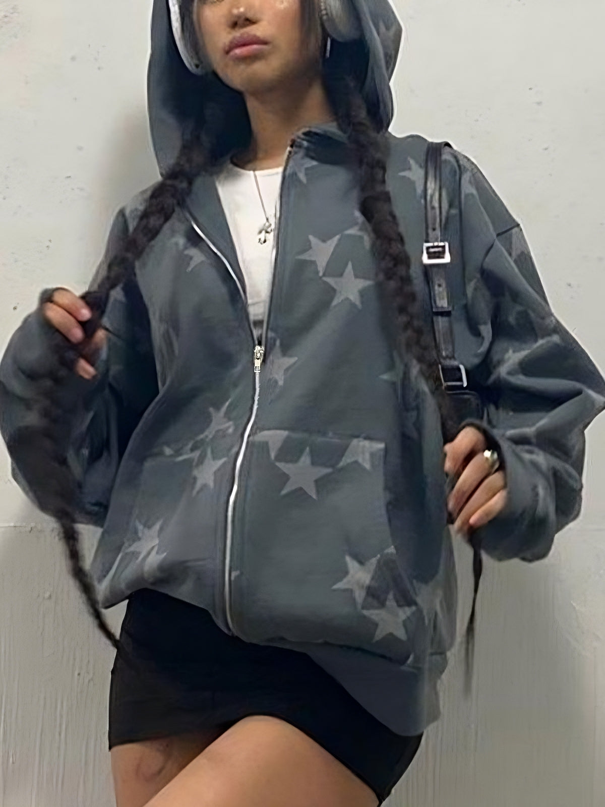 Pita | Oversized Grijze Ster Hoodie met Ritssluiting van Polyester