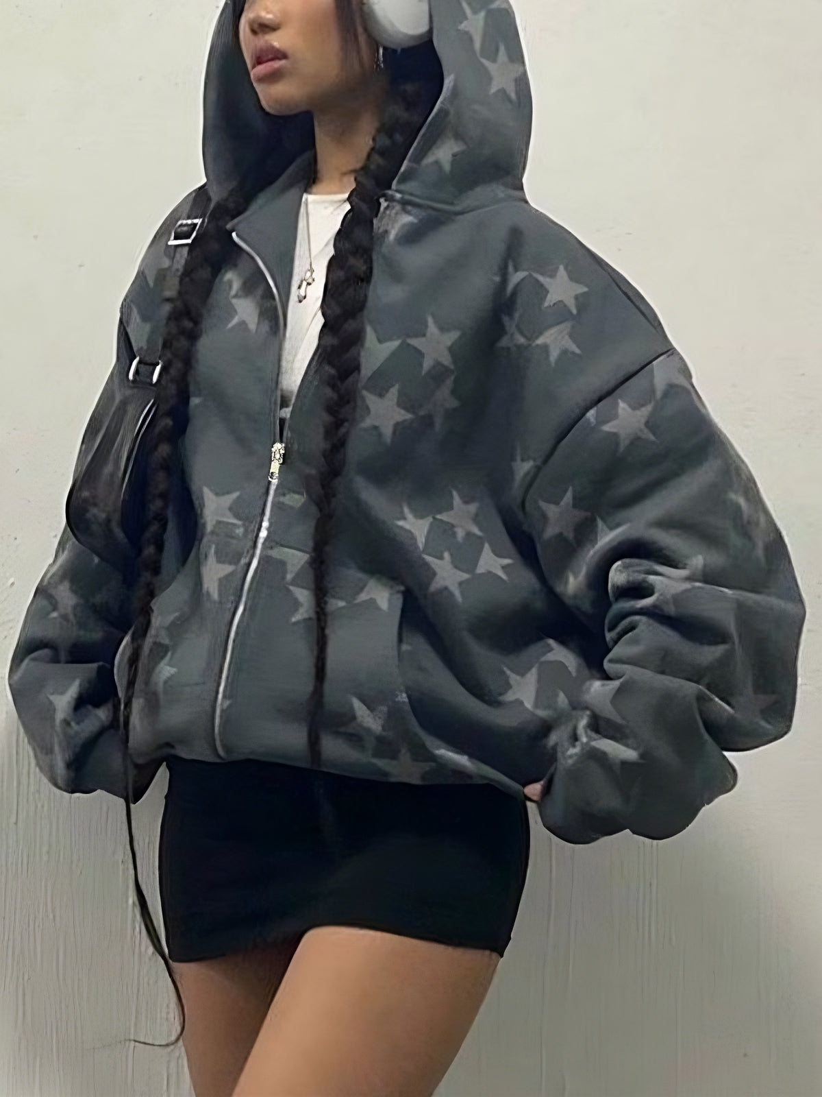 Pita | Oversized Grijze Ster Hoodie met Ritssluiting van Polyester