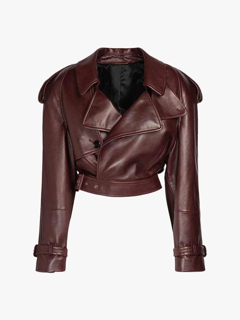 Lucy | Cropped Bikerjas van Bordeaux Kunstleer met Opgestikt Detail