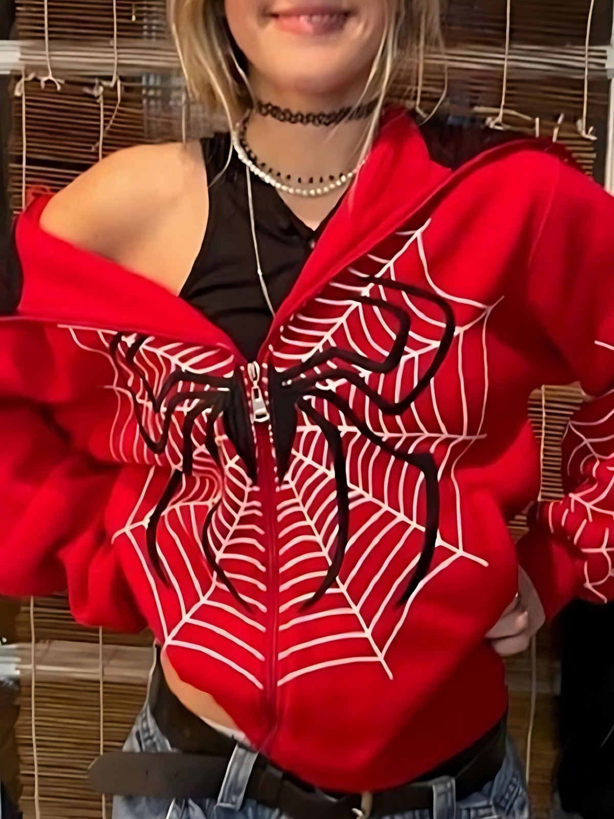 Mary-Jane | Rode Spiderweb Hoodie van Katoenmix met Rits