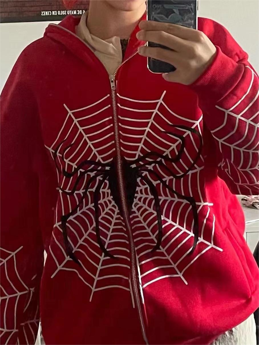 Mary-Jane | Rode Spiderweb Hoodie van Katoenmix met Rits