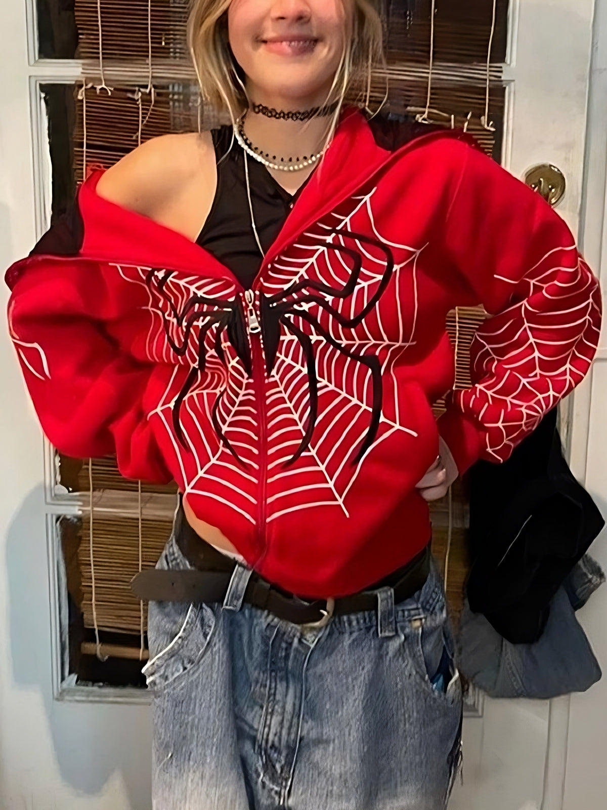 Mary-Jane | Rode Spiderweb Hoodie van Katoenmix met Rits