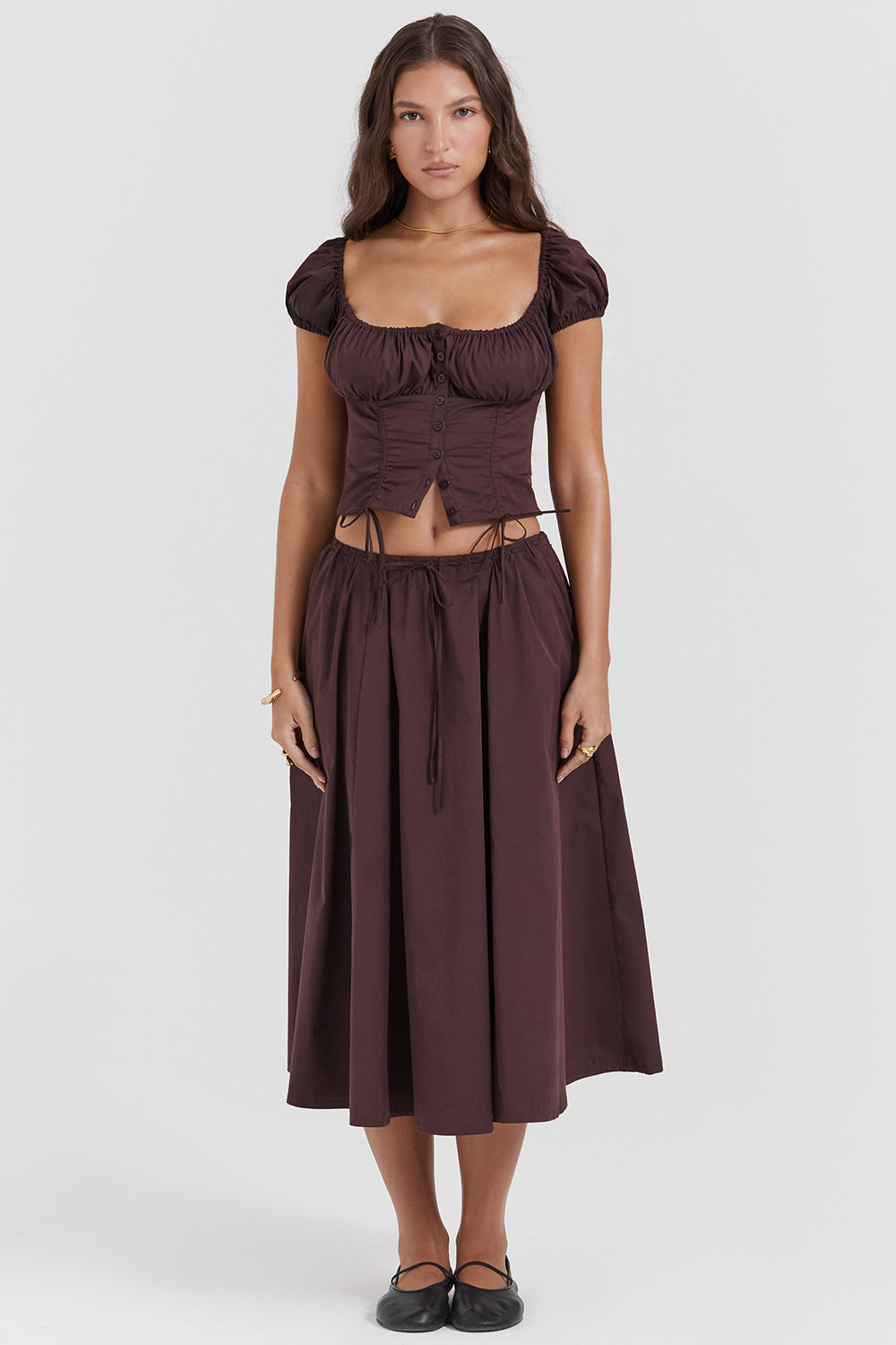 Mexx | Diepbruine Ruches-Set met Top en Midi-Rok