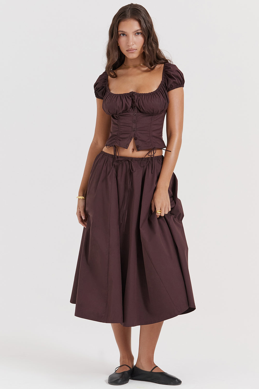 Mexx | Diepbruine Ruches-Set met Top en Midi-Rok