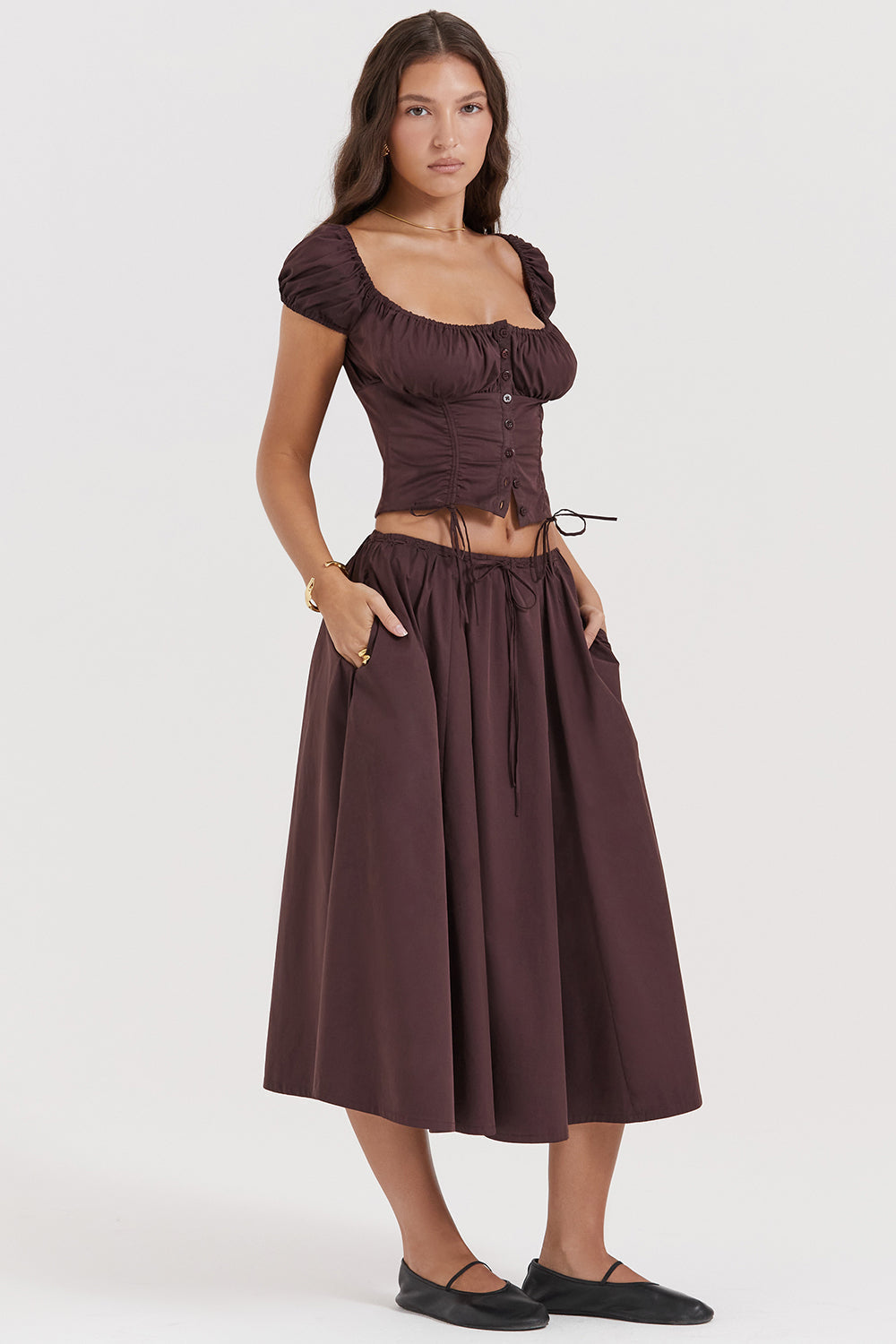 Mexx | Diepbruine Ruches-Set met Top en Midi-Rok