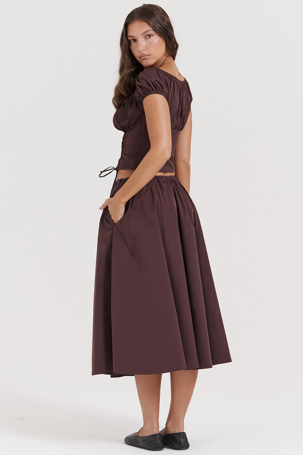 Mexx | Diepbruine Ruches-Set met Top en Midi-Rok