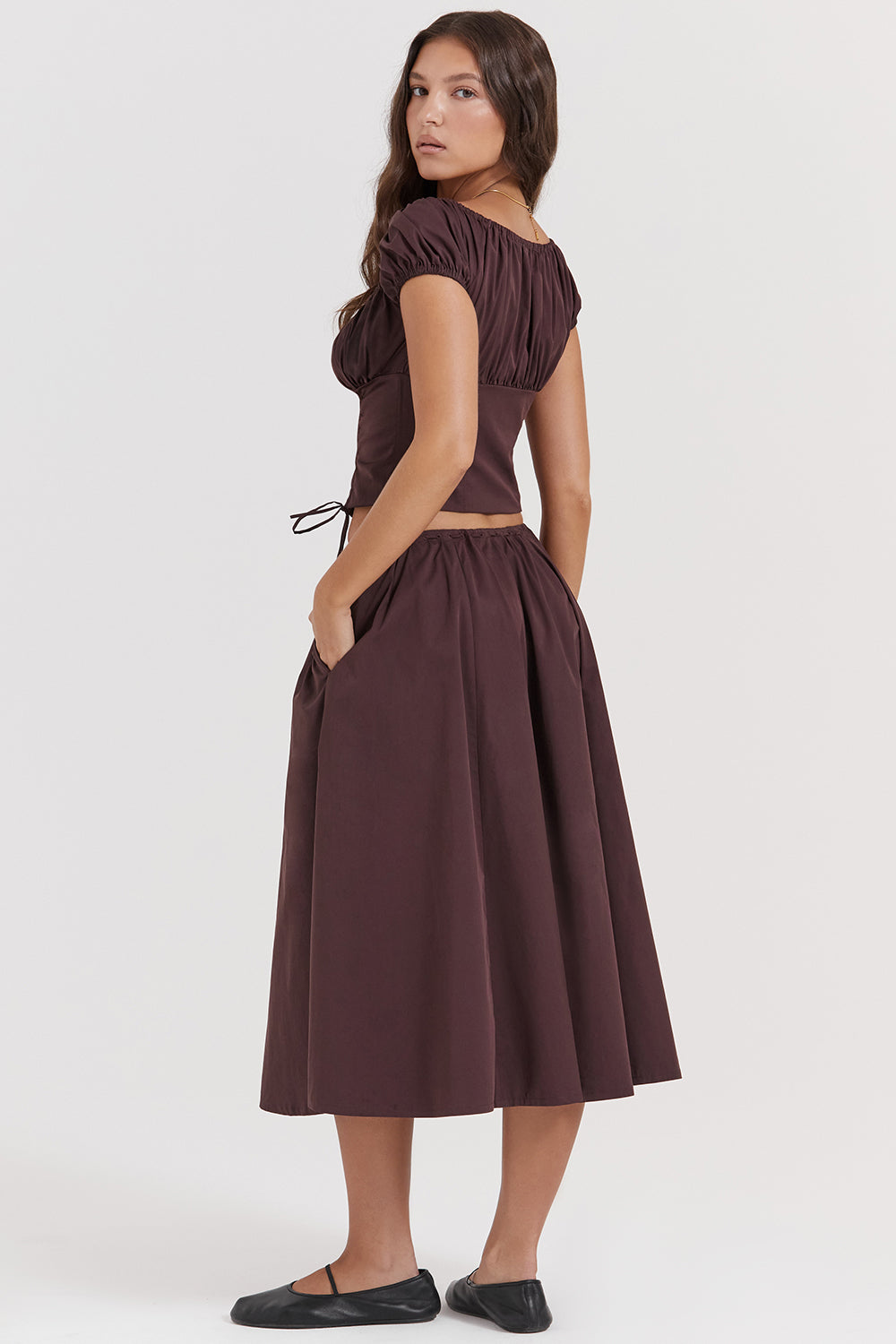 Mexx | Diepbruine Ruches-Set met Top en Midi-Rok