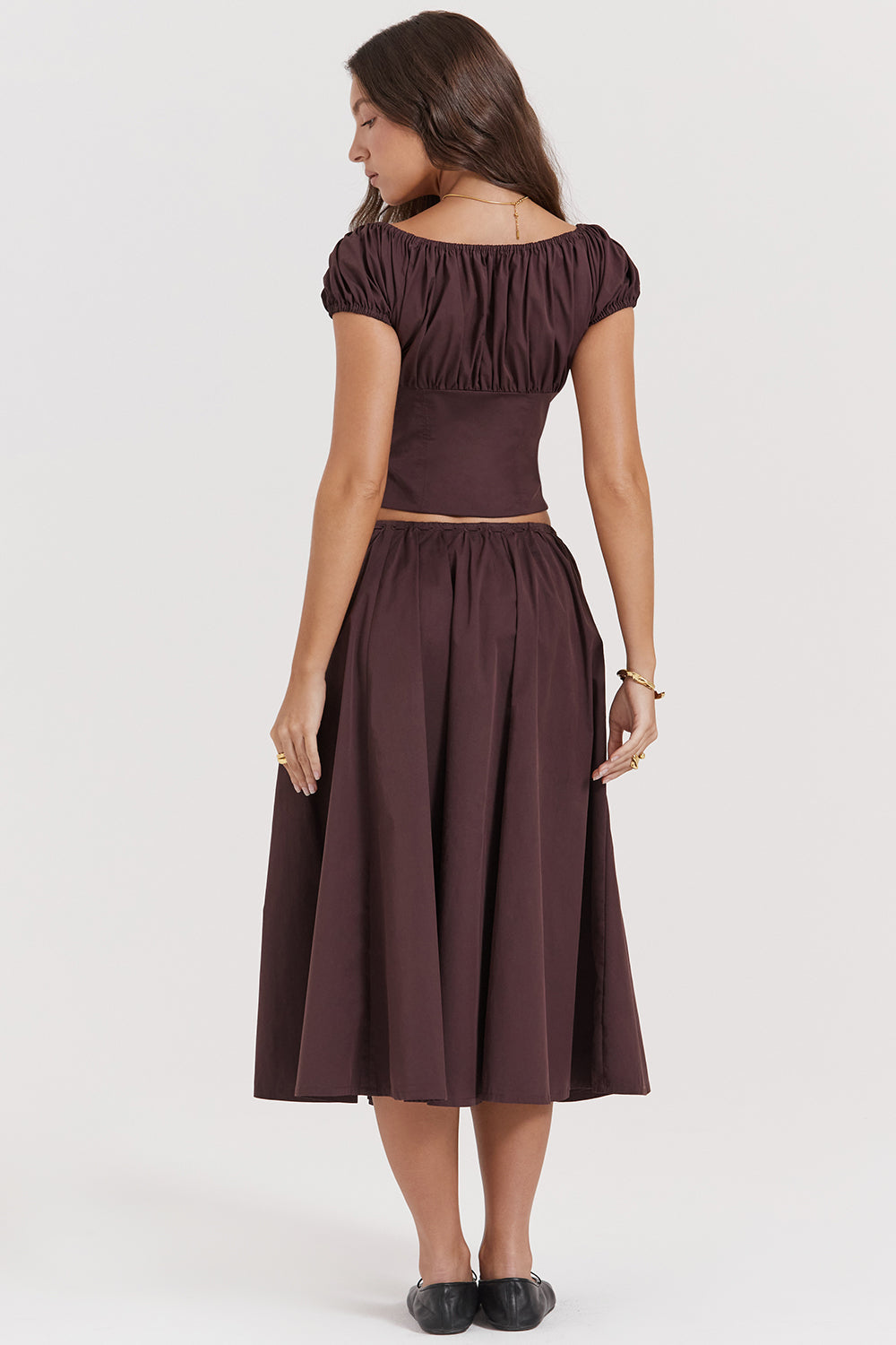 Mexx | Diepbruine Ruches-Set met Top en Midi-Rok