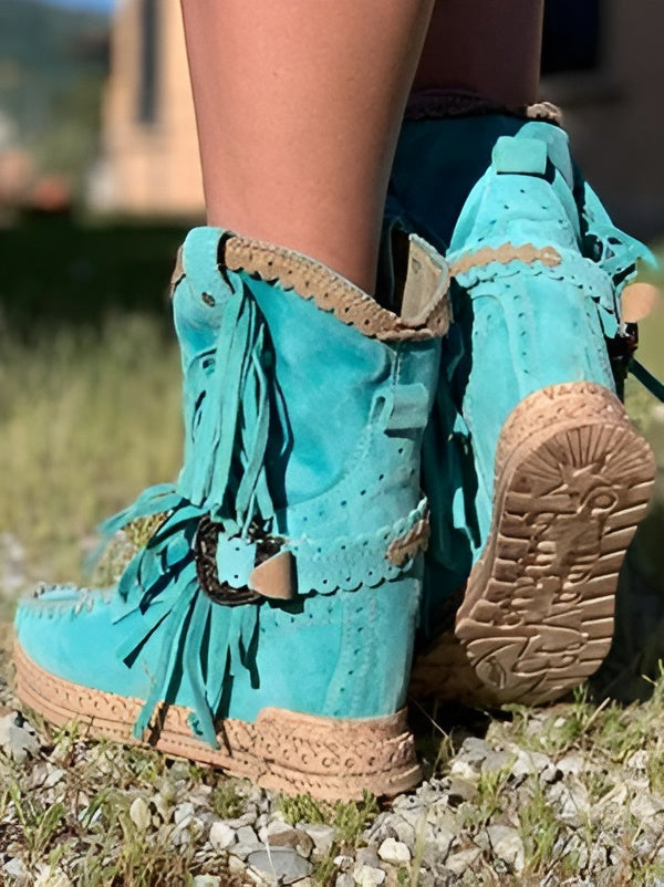 Julinn | Turquoise Suède Enkellaarzen Met Speelse Franjes