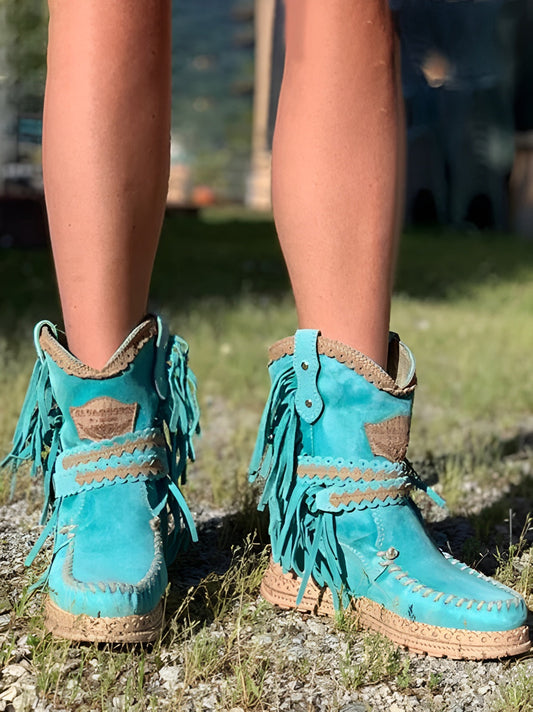 Julinn | Turquoise Suède Enkellaarzen Met Speelse Franjes