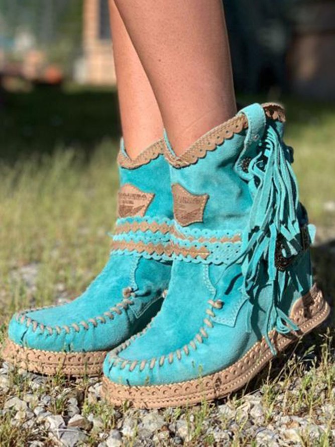 Julinn | Turquoise Suède Enkellaarzen Met Speelse Franjes