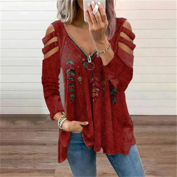 Dulce | Dames Trui – Relaxte Pasvorm – Cold Shoulder – Ritssluiting – Boho Print