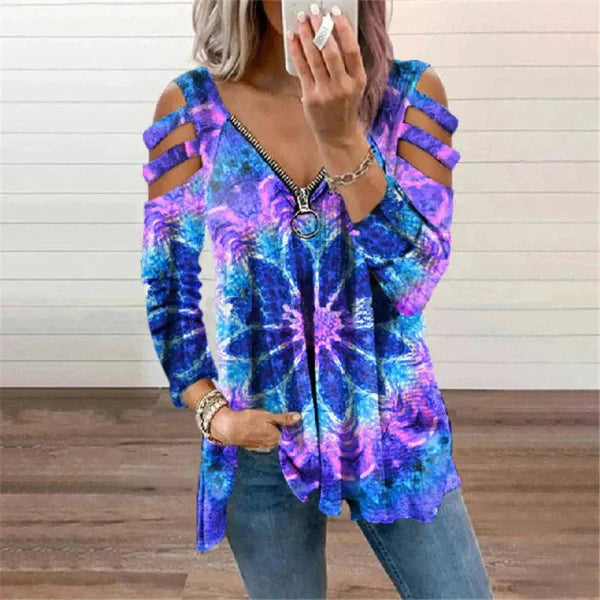 Dulce | Dames Trui – Relaxte Pasvorm – Cold Shoulder – Ritssluiting – Boho Print