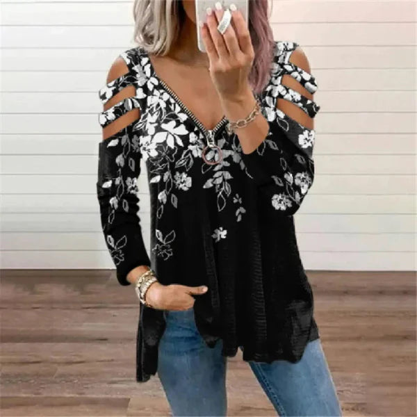 Dulce | Dames Trui – Relaxte Pasvorm – Cold Shoulder – Ritssluiting – Boho Print