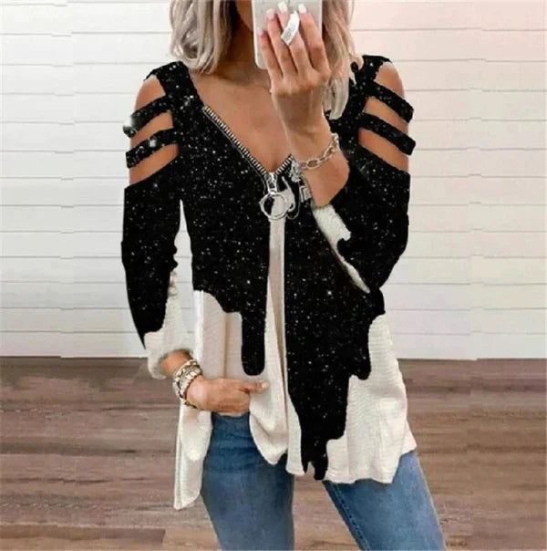 Dulce | Dames Trui – Relaxte Pasvorm – Cold Shoulder – Ritssluiting – Boho Print