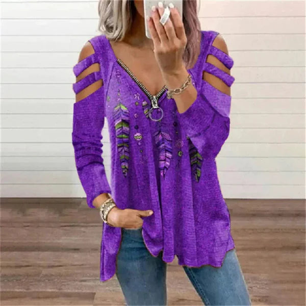 Dulce | Dames Trui – Relaxte Pasvorm – Cold Shoulder – Ritssluiting – Boho Print