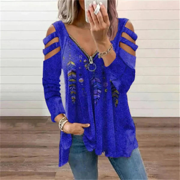 Dulce | Dames Trui – Relaxte Pasvorm – Cold Shoulder – Ritssluiting – Boho Print