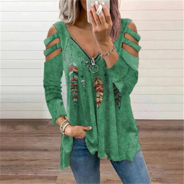 Dulce | Dames Trui – Relaxte Pasvorm – Cold Shoulder – Ritssluiting – Boho Print