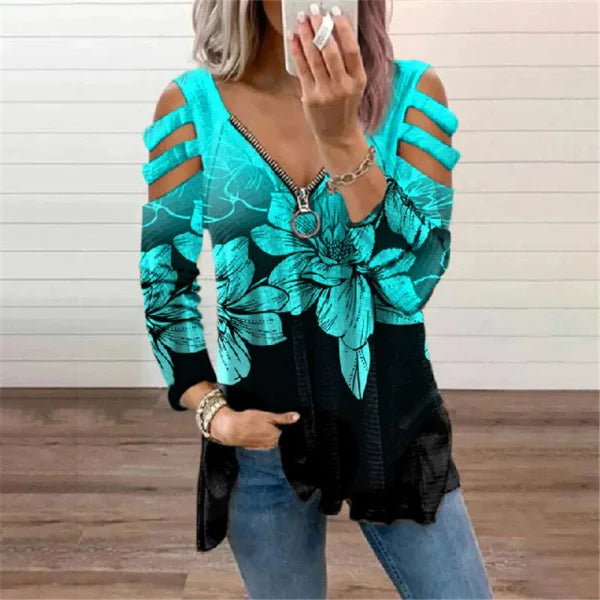 Dulce | Dames Trui – Relaxte Pasvorm – Cold Shoulder – Ritssluiting – Boho Print