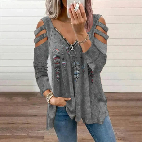 Dulce | Dames Trui – Relaxte Pasvorm – Cold Shoulder – Ritssluiting – Boho Print