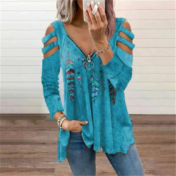 Dulce | Dames Trui – Relaxte Pasvorm – Cold Shoulder – Ritssluiting – Boho Print