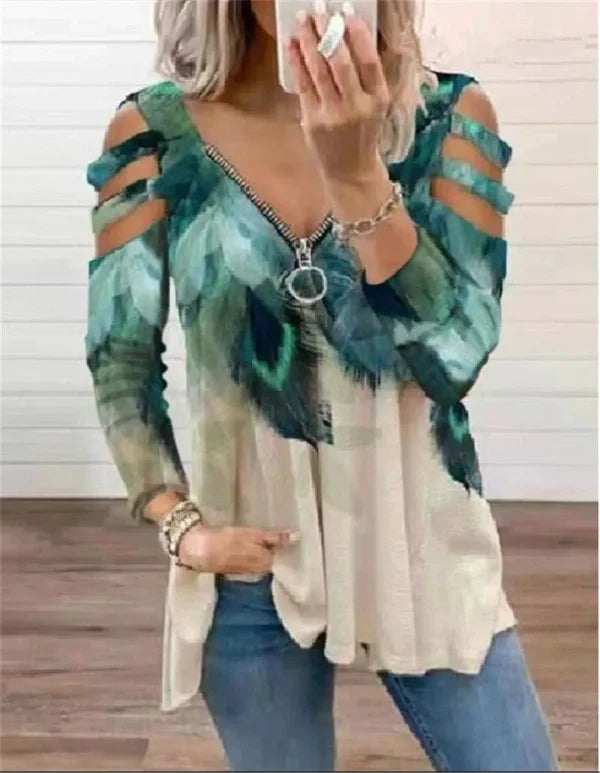 Dulce | Dames Trui – Relaxte Pasvorm – Cold Shoulder – Ritssluiting – Boho Print