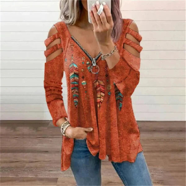 Dulce | Dames Trui – Relaxte Pasvorm – Cold Shoulder – Ritssluiting – Boho Print