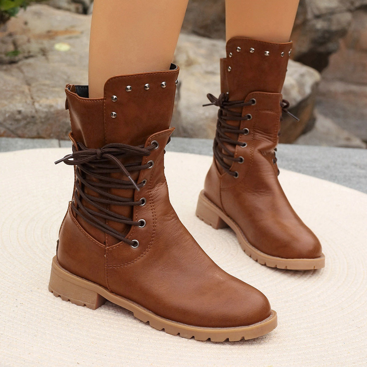 Fenne | Dames Enkellaarzen Synthetisch Leer Veter Chunky Hak