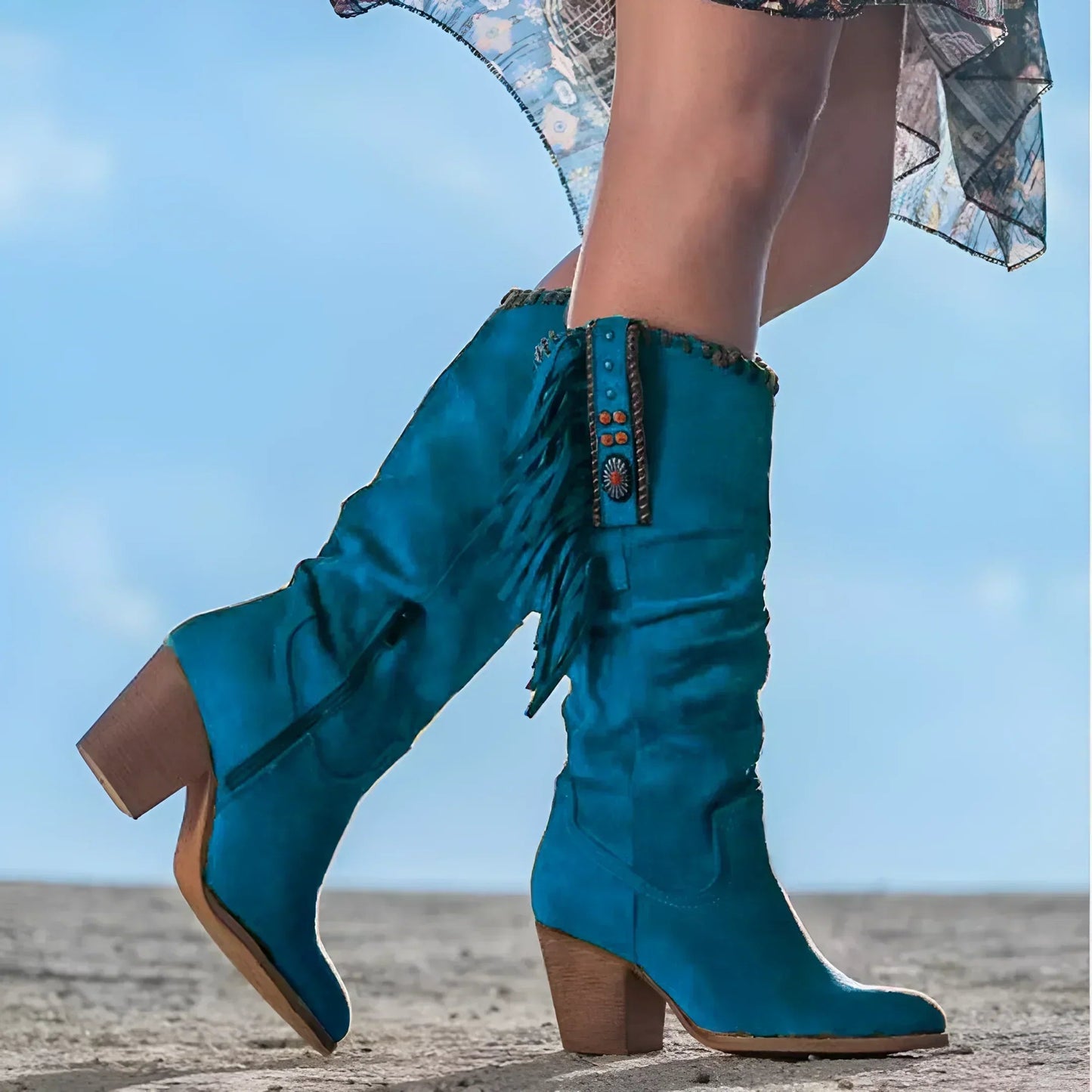 Joanna | Zemleren Laarzen met Blokhak – Boho Western Stijl